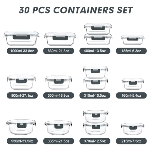 30 Pieces Glass Food Storage Containers Set with Lids (Grey / 30 Pieces)