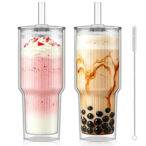 28 oz Double Wall Glass Tumblers Set of 2 (Ribbed)