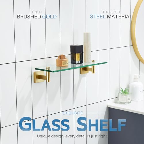 Wall Shelves Floating Shelf 16'' Gold Stainless Steel Bathroom Hardware Tempered Glass Hanging Rack Storage (Brushed Gold / 16-Inch(2 Pack))
