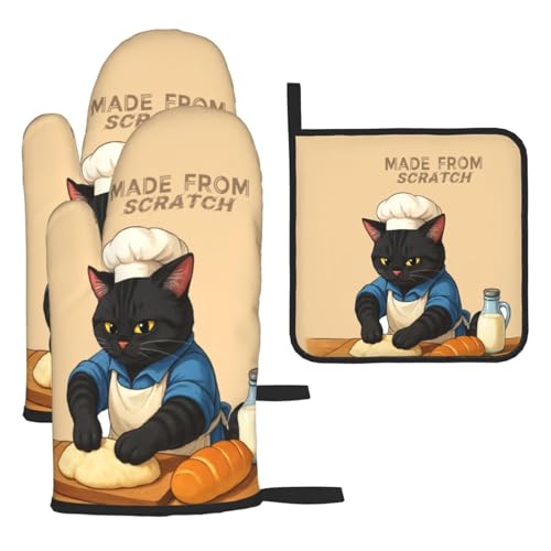 Funny Black Cat Oven Mitts and Pot Holders Set (Funny Cat)