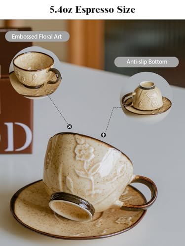 Ceramic Coffee Cup and Saucer Set 5.4oz (Beige-5.4oz)