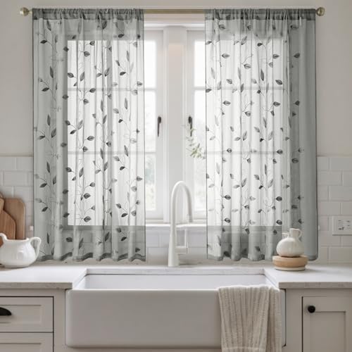 Grey Gray Sheer Kitchen Curtains 52 x 54 Inch Length 2 Panels Embroidered Leaf Pattern Short Curtains for Bedroom Half Small Window Rod Pocket Tiers (52"W x 54"L (Pack of 2) / 3-grey)
