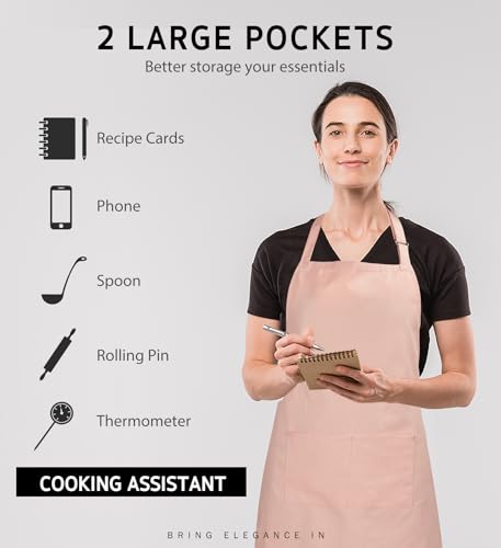 2 Pack 100% Cotton Adjustable Bib Apron with 2 Pockets for Women (Nude Pink / 2 Cotton)