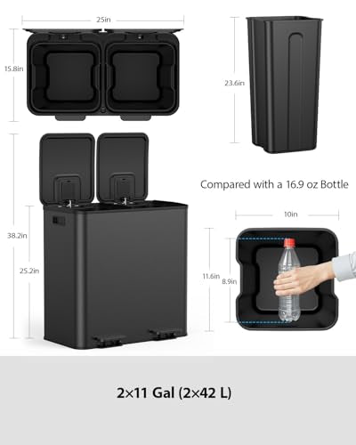 Dual Trash and Recycling Bins for Kitchen (Black / 2 x 11 Gallon)