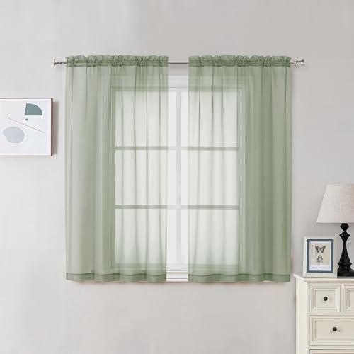2 Panels Sheer Sage Green Curtains 54 Inches Length Window Treatment for Kitchen (Sage Green / 42"W x 54"L (Pack of 2))