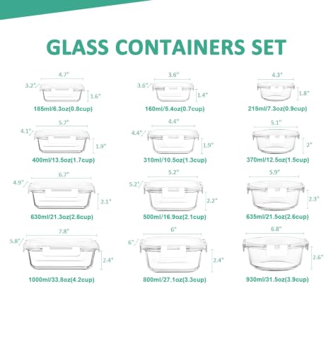 24 Pieces Glass Food Storage Containers Set (White / 12 Pack)