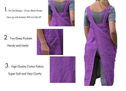 Women's Pinafore Square Apron Baking Cooking Gardening Works Cross Back Cotton (Large / Y-purple)