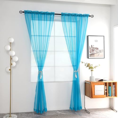 Solid Sheer Rod Pocket Curtain Voile Draperies 2 Panels White Beige Black Grey Coffee 52 Inch Width 108 Inch Long 1 Pair for Kitchen Bedroom Children Living Room Yard (Cyan Blue / 52"W x 108"L (Pack of 2))