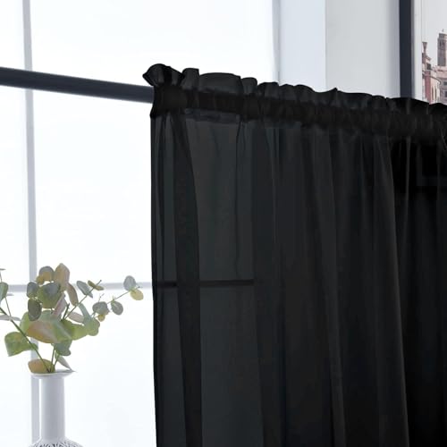 Basic Rod Pocket Sheer Voile Window Curtain Panels Black 1 Pair 2 Panels 26 Width 30 Inch Long for Kitchen Bedroom Children Living Room Yard（Black (Black / 26"W x 30"L (Pack of 2))