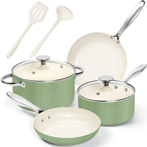 Pots and Pans Set Non Stick 8 Piece Ceramic Cookware Set Green (Green)