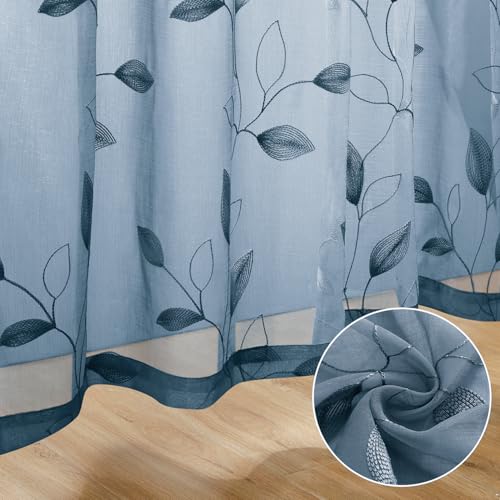 Stone Blue Sheer Curtains Floral Embroidered (52"W x 63"L (Pack of 2) / Stone Blue)
