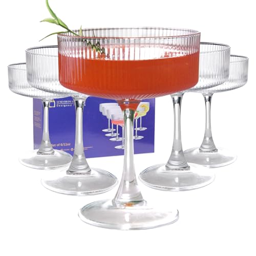 11oz Large Vintage Coupe Glasses Set of 6 (Ribbed Martini Glasses)