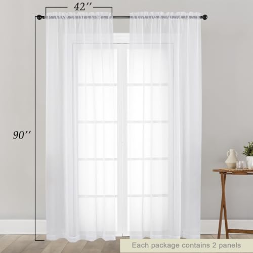 Sheer White Curtains for Bedroom Living Room 90 Inches Long 2 Panels Set (White / 42"W x 90"L (Pack of 2))