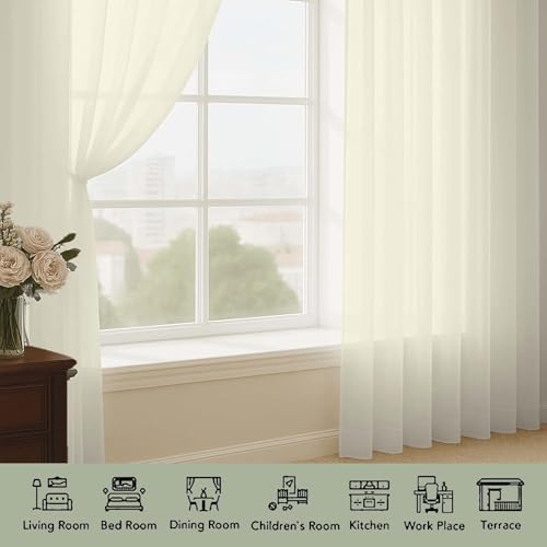 Cream Sheer Curtains 90 Inch Long 2 Panels for Living Room 59" Wide (Cream / 59"W x 90"L (Pack of 2))