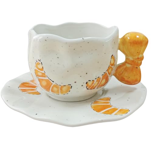 Cute Mug with Saucer Croissant bow Handle Ceramic Coffee Cup Set 10oz (Croissant bow)