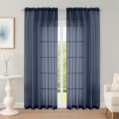 Sheer Curtains 84 Inches Long 2 Panels Set (Navy Blue / 59"W x 84"L (Pack of 2))