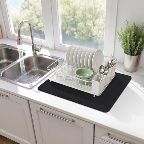 Coffee Mat Absorbent Dish Drying Mat for Kitchen Counter (Black / 12" x 20")