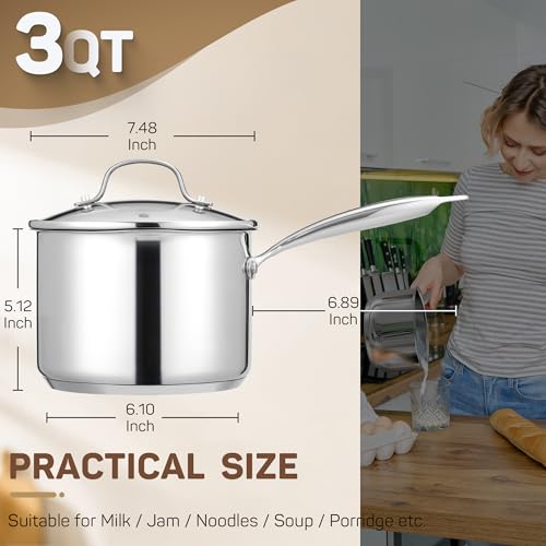 3 Qt Stainless Steel Saucepan with Glass Strainer Lid (3 Quart (With Glass Strainer Lid))