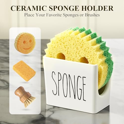 Kitchen Soap Dispenser Set Comes with Ceramics Sponge Holder (Silver + White + Sponge Holder)