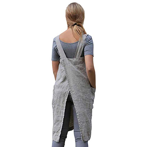 Women’s Pinafore Square Apron Baking Cooking Gardening Works Cross Back Cotton (XX-Large / Gray)