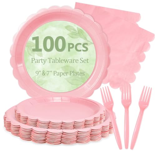 100 Light Pink Paper Plates and Napkins Disposable for Party (Pink 100 Plate Set / 7 & 9-inch Set)