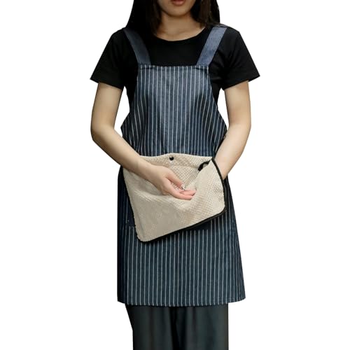 Denim Cross Back Aprons for Men Women with Pockets Removable Towel (Coffee Towel)