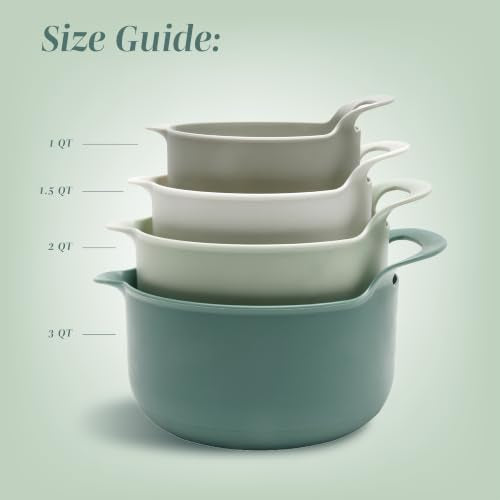 Nesting Plastic Mixing Bowl Set with Pour Spouts and Handles (Sage / 4 Piece Non-Slip)