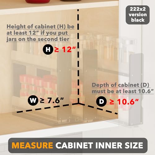 Bamboo Pull Out Spice Rack Organizer for Cabinet (7.6" Wide, 3 Drawers(2" Wide), 2-Tier / Black)
