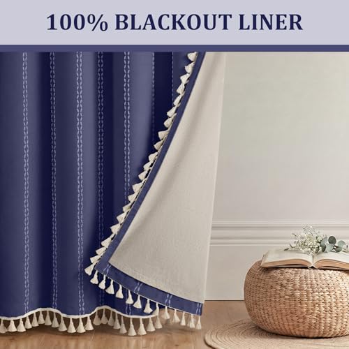 Navy Blue 100% Boho Blackout Curtains 84 Inch 2 Panels (Navy Blue / 52"W x 84"L (Pack of 2))