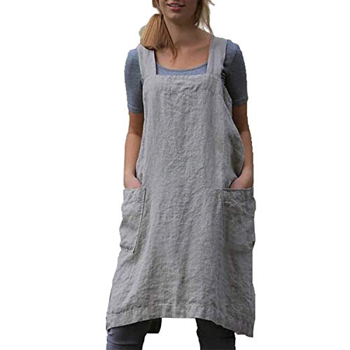 Cotton Linen Apron for women Cross Back Apron Pinafore Dress for Baking Cooking Gardening Work (Grey / 3X-Large)