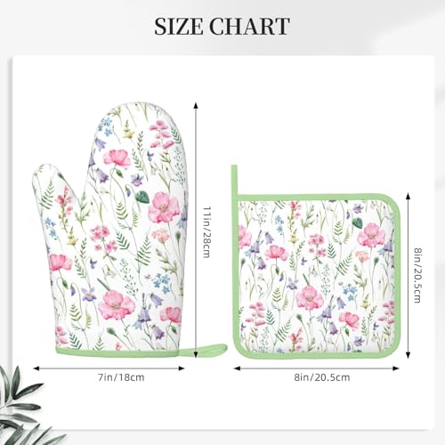 Pink Floral Silicone Oven Mitts Pan Mats Set of 2 (Black7)