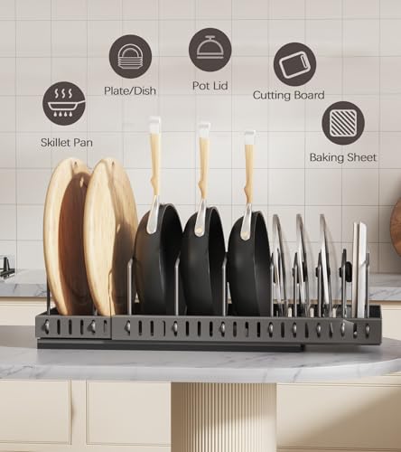 Pull Out Pots and Pans Organizer Under Cabinet (Black / Pull out-Expandable 10 Dividers-1 Pack)