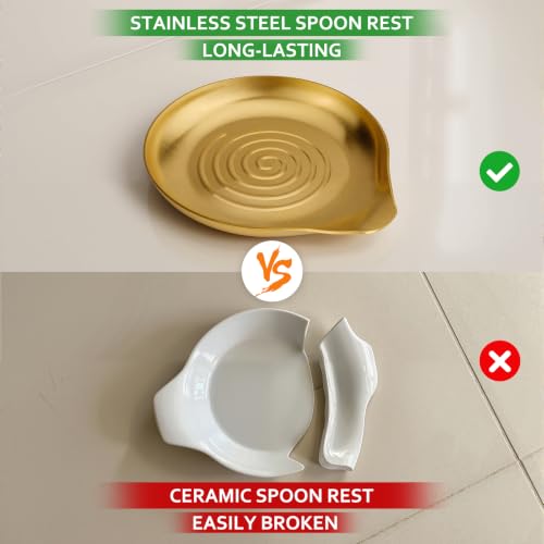 Kitchen Stainless Steel Spoon Rest for Multiple Utensils (1.Round Swirl-Gold)