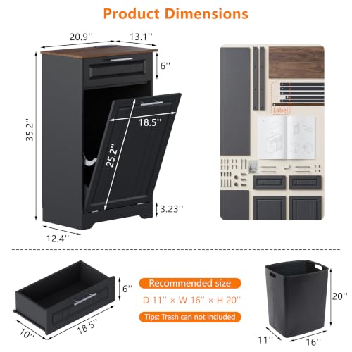 Single 10 Gallon Tilt Out Trash Can Cabinet with Deodorizing Function (Black / 13.11"D x 20.91"W x 35.2"H(Single))