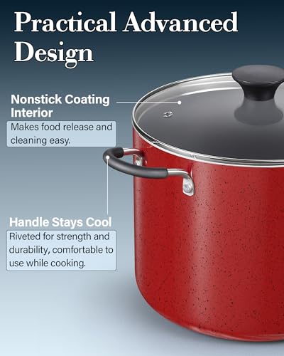 8 Quart Non Stick Stock Pot with Lid (Red / 8 Quarts / Nonstick Cooking Pot)