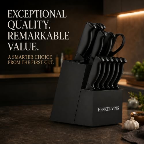 14 Piece Black Kitchen Knife Block Set with Built (Black)