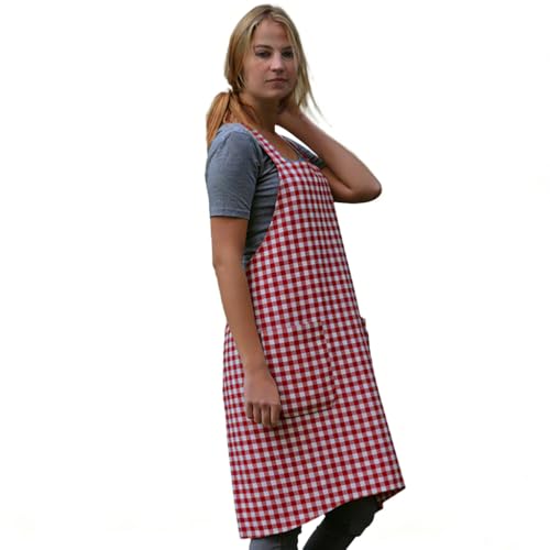 Women's Pinafore Square Apron Baking Cooking Gardening Works Cross Back Cotton (Small / Plaid-red)
