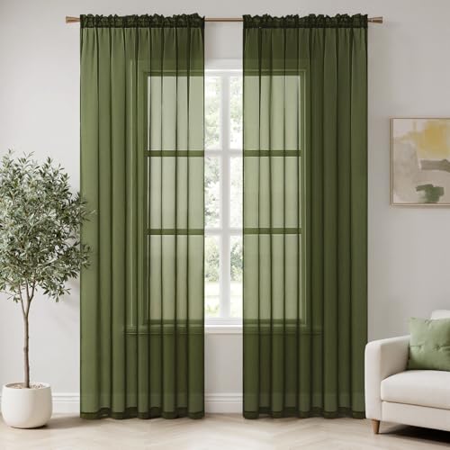 Olive Green Sheer Curtains 54 X 72 Inches (Olive Green / 54"W x 72"L (Pack of 2))
