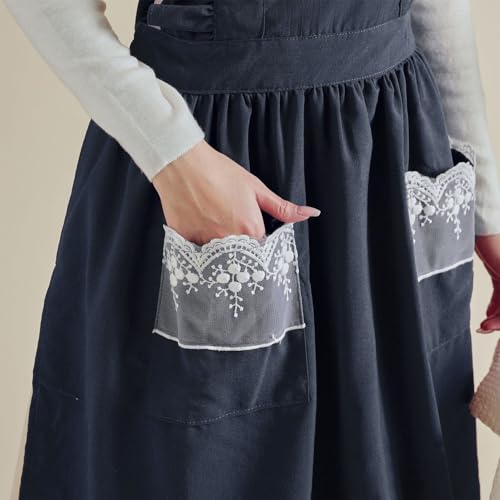 Cute Cotton Apron Frilly Lace Ruffle Adjustable Pinafore Apron Dress with Pockets for Cooking Baking Cleaning Gardening (Navy)