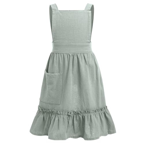 Womens Cute Frill Cross Back Cotton Linen Japanese Apron With Pockets (Sage Green Kids / 3-6 Years)