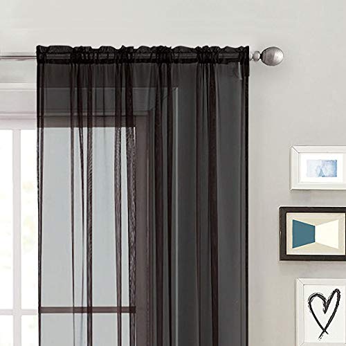 Sheer Voile Window Treatment Rod Pocket Curtain Panels for Kitchen Bedroom Living Room Drapes Sunlight Filtering Privacy Semi Home Decor Assorted (Black / 52"W x 63"L (Pack of 2))