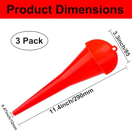 3-Pack Long-Neck Oil Funnels, 11" Multi-Purpose Funnels for Automotive & Motorcycle Use – Reusable Funnel for Oil, Gas & Transmission Fluid (Red) (Red)