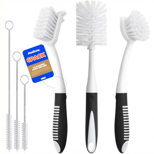 6 Pack Dish Brush Set with Bottle Brush (Black)