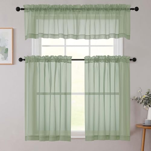 Kitchen Curtains 24 Inch Length Tier 2 Pieces (Sage Green / 42"W x 24"L (Pack of 2))