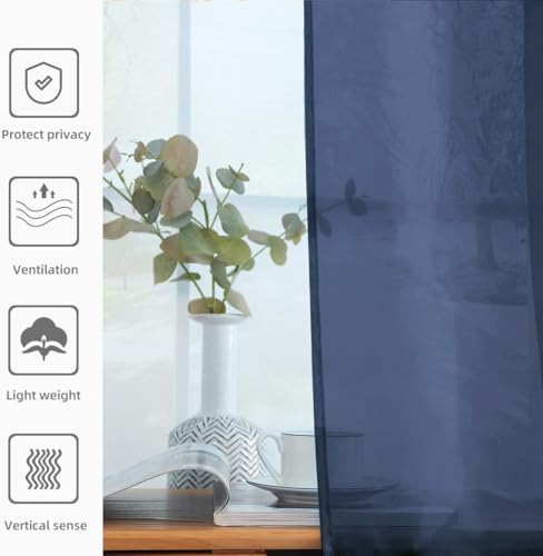Solid Sheer Rod Pocket Curtain Voile Draperies 2 Panels White Beige Black Grey Coffee 52 Inch Width 45 Inch Long 1 Pair for Kitchen Bedroom Children Living Room Yard (Navy / 52"W x 45"L (Pack of 2))