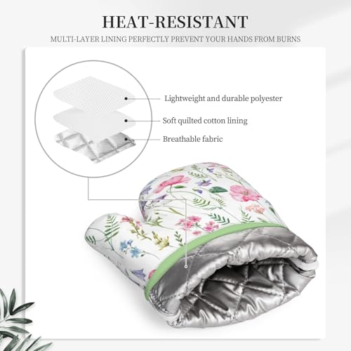 Pink Floral Silicone Oven Mitts Pan Mats Set of 2 (Black7)