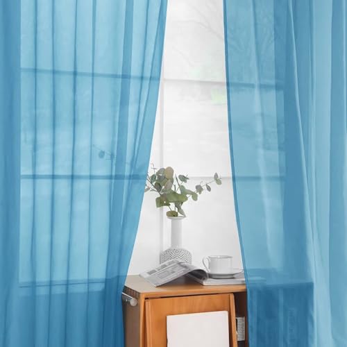 Solid Sheer Rod Pocket Curtain Voile Draperies 2 Panels White Beige Black Grey Ivory 52 Inch Width 96 Inch Long 1 Pair for Kitchen Bedroom Children Living Room Yard (Blue / 52"W x 96"L (Pack of 2))