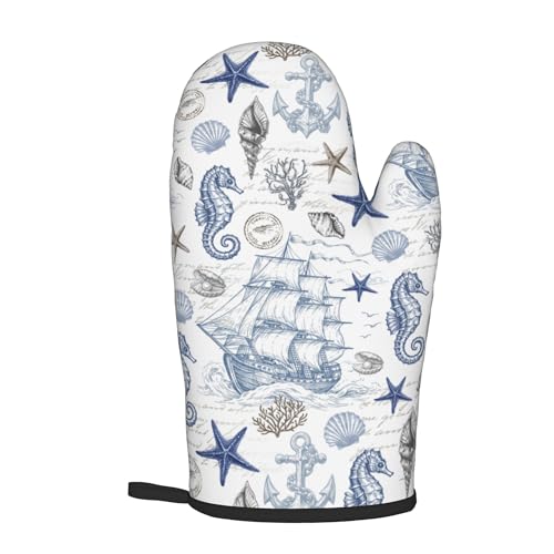 Navy Blue Oven Mitts and Pot Holders Sets Summer Beach Starfish Seashell Oven Glove Hot Pads for Kitchen Nautical Chef Gifts for Cooking Lover Cooks (Ocean Nautical)