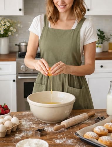Cute Cotton Pinafore Aprons for Women with Pockets for Kitchen (Olive Green)