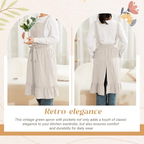 1 Pack 100% Cotton Aprons with Pockets Pinafore Dress for Women Vintage Cotton Apron for Christmas Kitchen Cooking Gifts (Beige / Vintage)